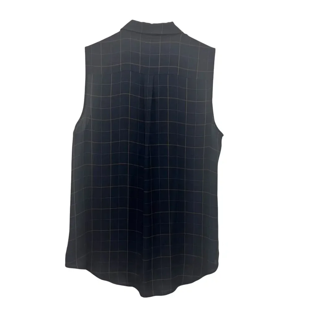 Theory Silk Blouse Tile Print Yarine Navy Blue Brown Sleeveless Size‎ L Academia